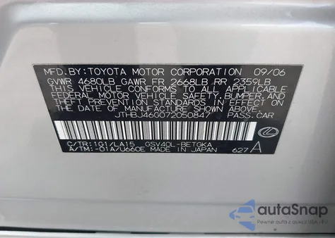 2007 Lexus Es 350 из США, поврежденный, VIN JTHBJ46G072050847